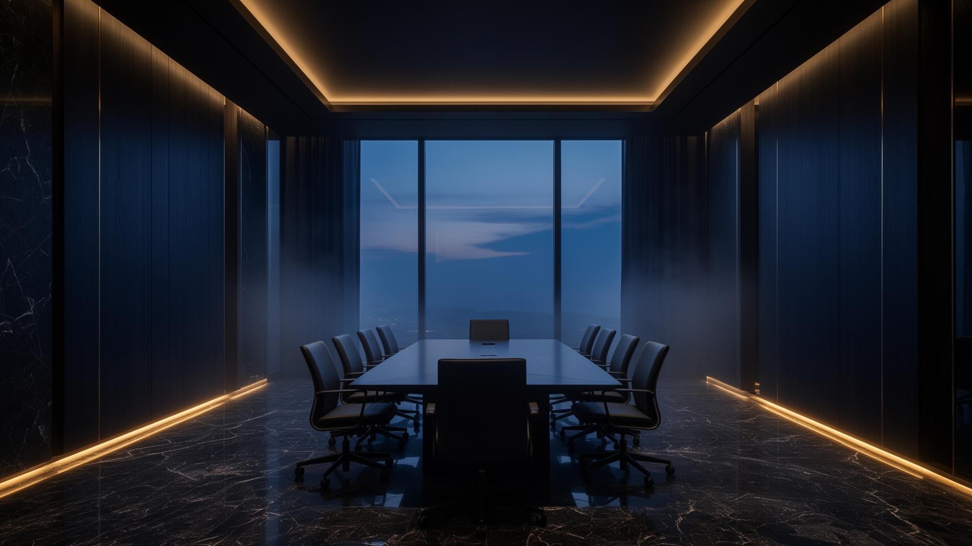 Cinematic dark luxury executive boardroom at dusk
